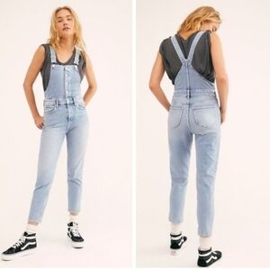 We The Free People 29 Shelby Denim Overalls Blue Jeans Button Front High Waisted